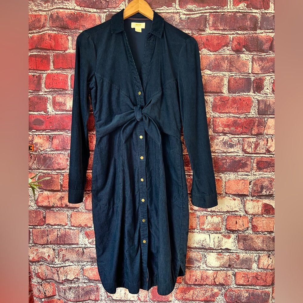 Anthropologie Maeve Winchester Corduroy Tie Front Shirt Dress Navy Blue Size 4